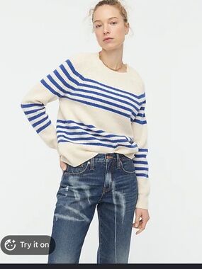 J.Crew 100% Cashmere Blue Stripe Crewneck Sweater XXL Coastal Nautical Luxury